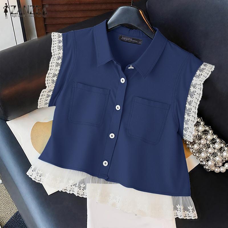 

ZANZEA Women Lace Crochet Tanks Sleeveless Patchwork Buttons Casual Tops 5XL синій