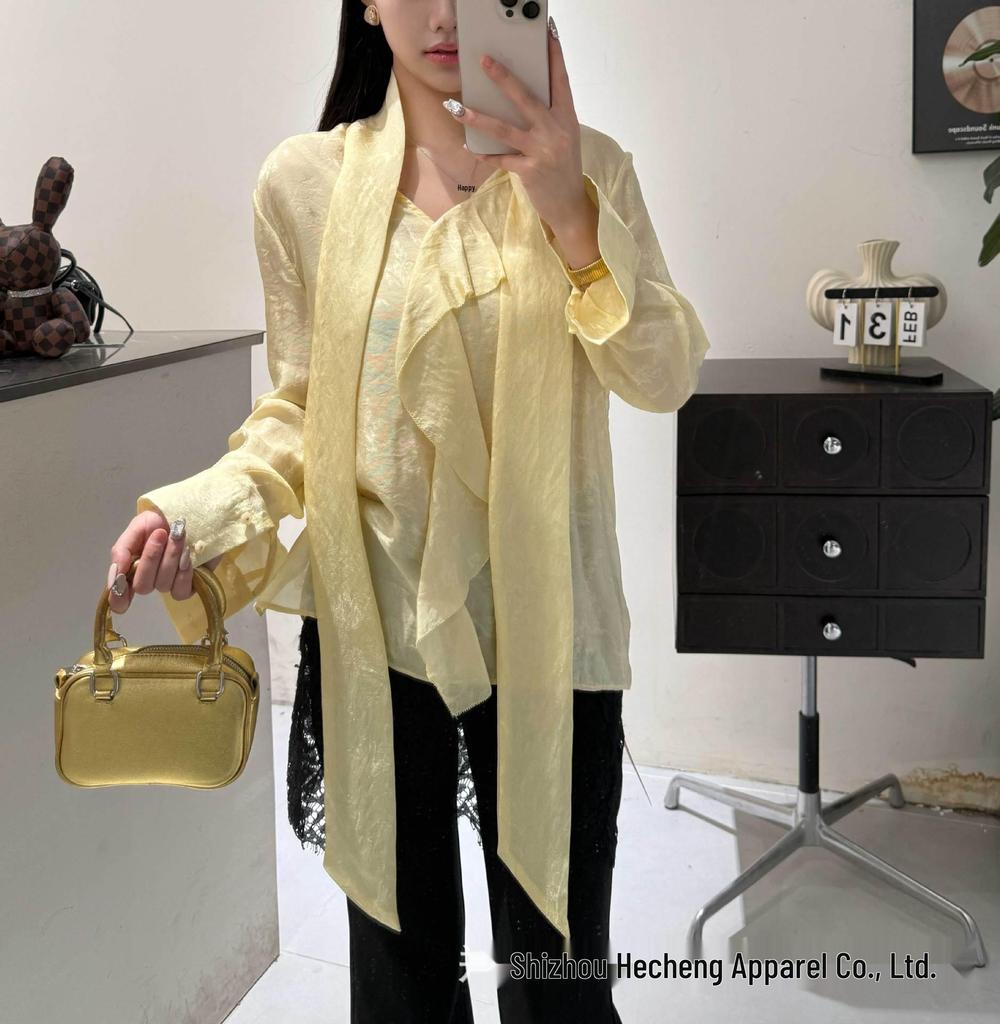 Spring Silk Shirt with Neck Tie & Mouth Covering, Wear Alone 