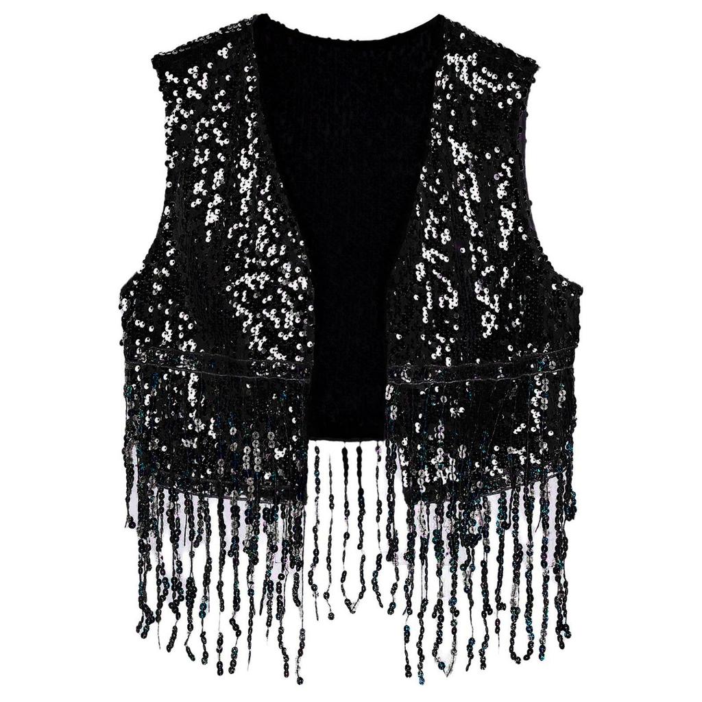 Mens Shiny Sequin Cowboy Vest Tops Open Front Sleeveless Tassels Cardigan