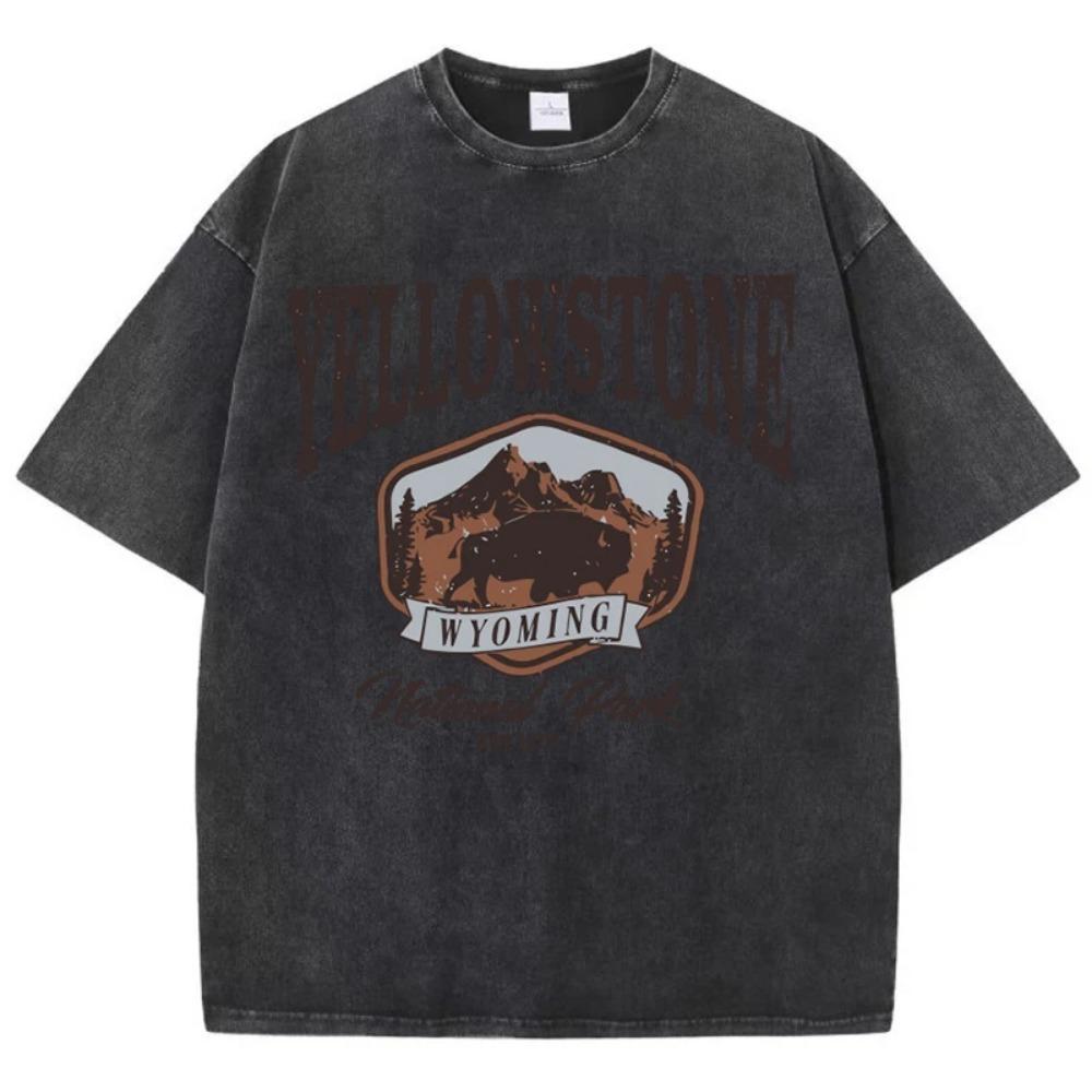 

Women s and Men s Washed Cotton T-shirt Full Math Round Neck Short Sleeve Yellowstone Park Buffalo Print Top 3XL