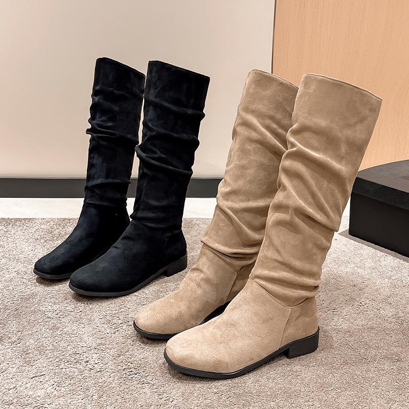 Women Knee High Boots Solid Color Suede Lady Flats Winter Warm Comfortable Female Shoes Point Toe Sexy Zipper Low Heel Tall Boot
