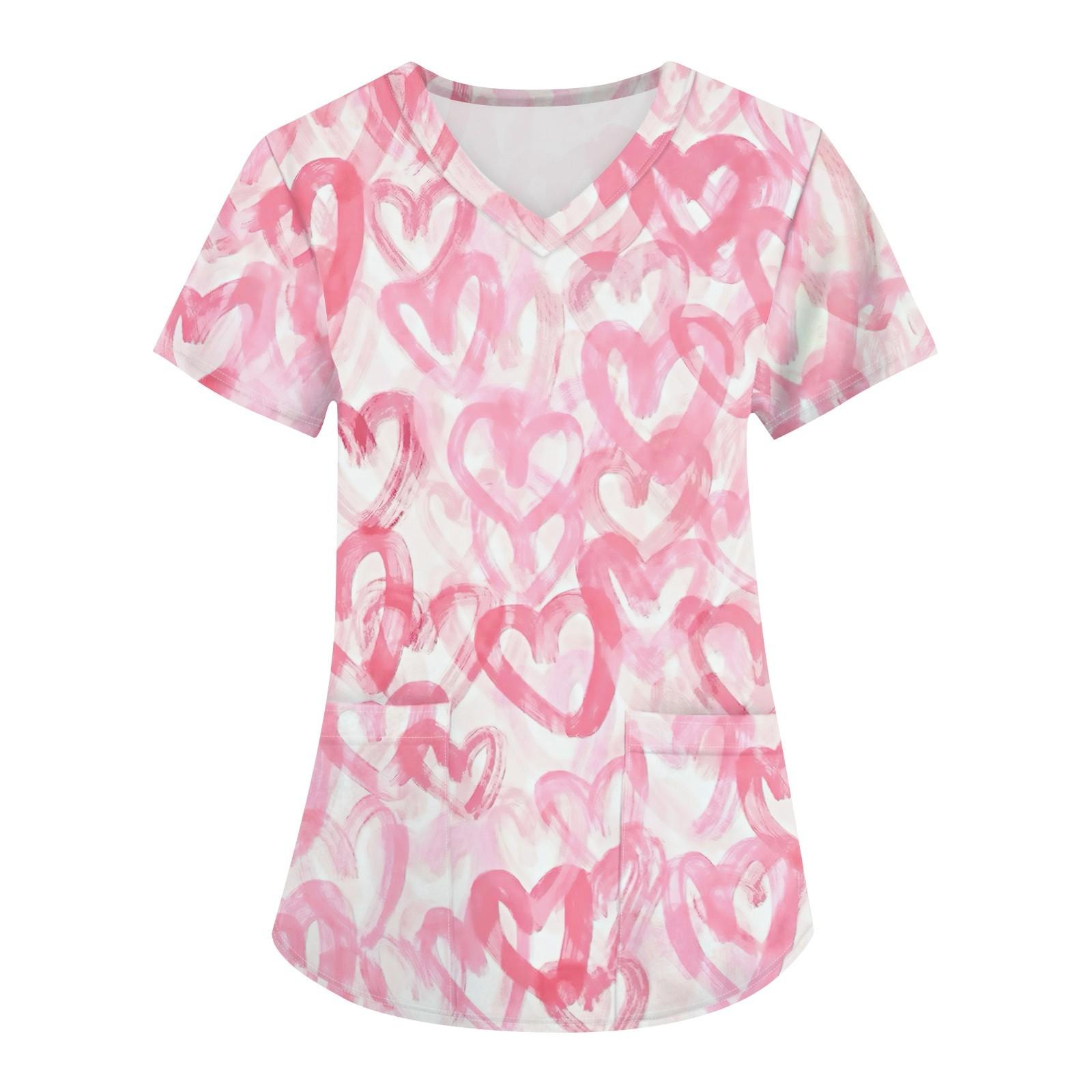 

Женская модная футболка с короткими рукавами и v-образным вырезом с принтом, маленькая рабочая футболка с карманами L светло-розовый