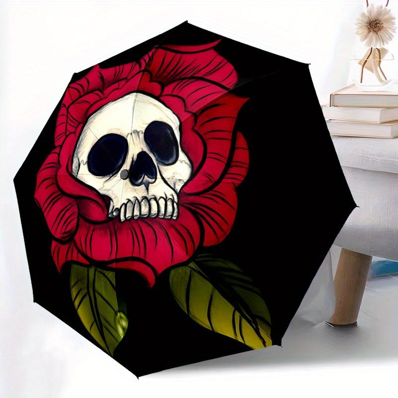 1pc Skull Rose Automatic Open/Close Umbrella, Portable Folding Umbrella for Travel, Themed Events, It Is Suitable As a Gift for Various Festivals, Out
