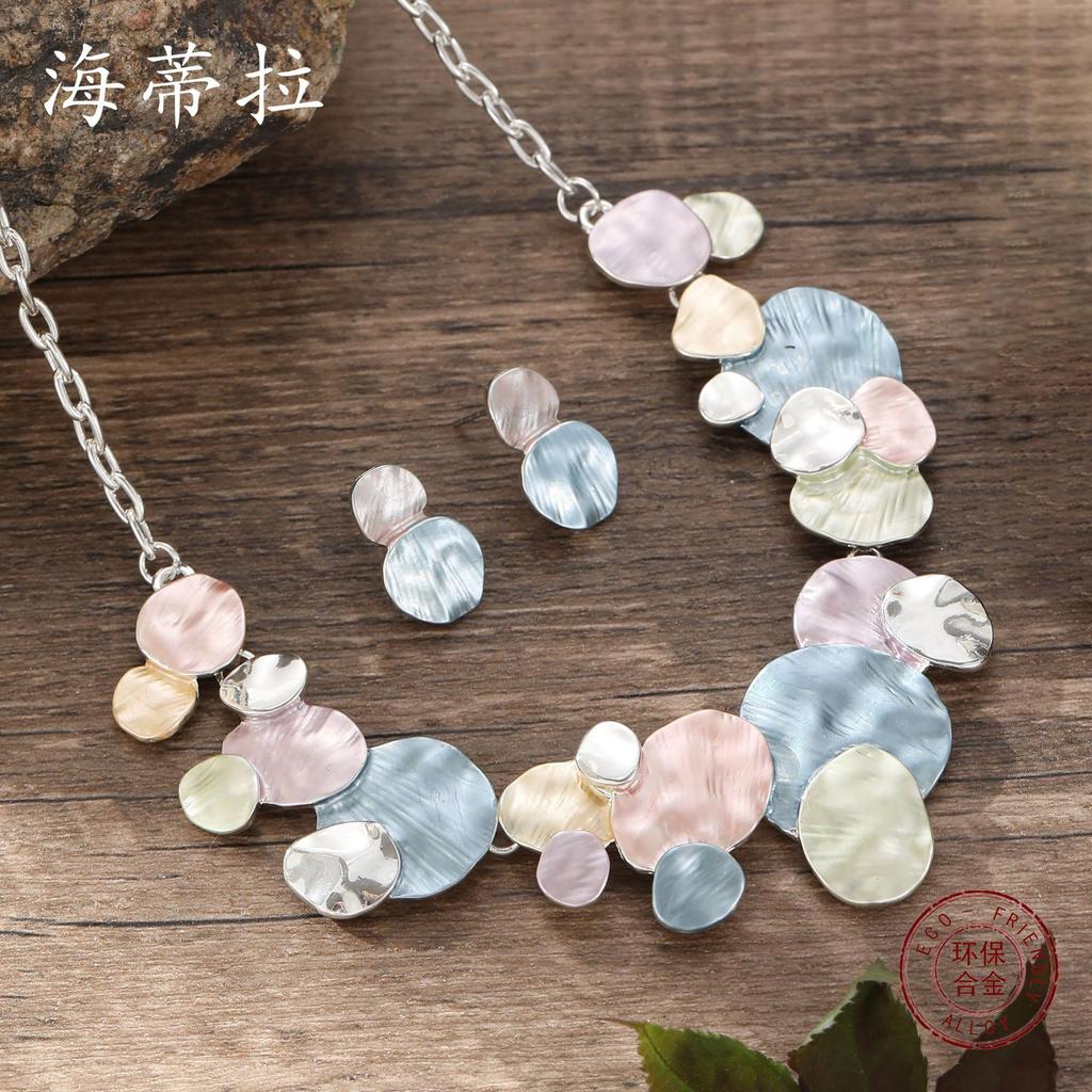 Color painting oil geometric oval stud earrings necklace set, women's high sense versatile neck chain earrings