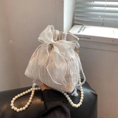 Lace Bow Bucket Crossbody Bags for Women Fashion Sweet Pearl Beading Pouch Ladies Shoulder Handbags All-match Fairy Simple