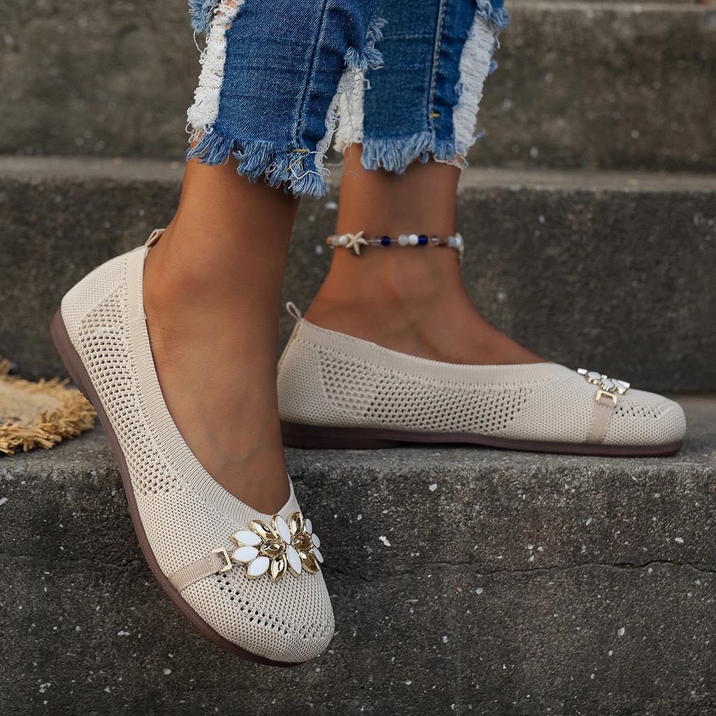 Fashion 2025 Ladies Shoes Mesh Breathable Women's Flats Shoes Casual Slip-on Ballet Flats Metal Flowers Round Toe Loafers Women Zapatos