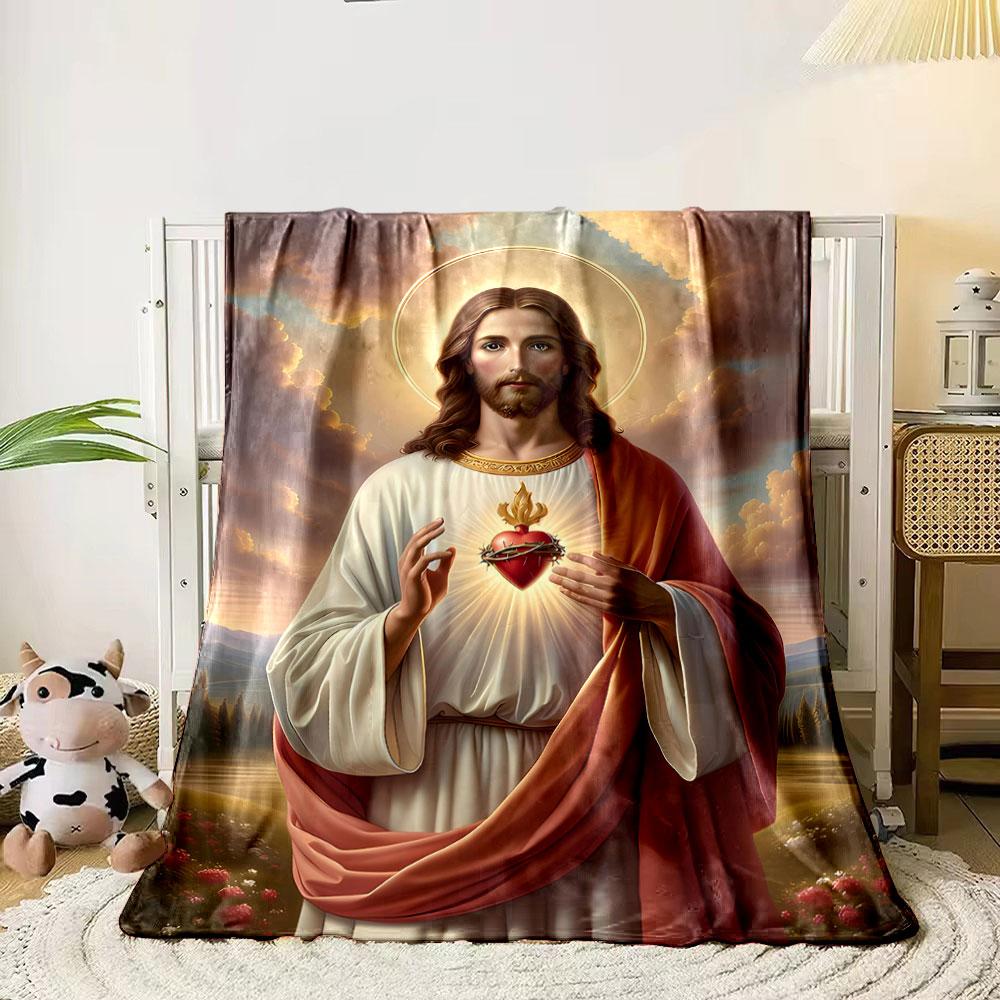Sacred Heart Jesus Blanket  Printed Blanket for Living Room Bed Couch Lunch Break Soft Cozy Blanket for Friend's Festival Gift