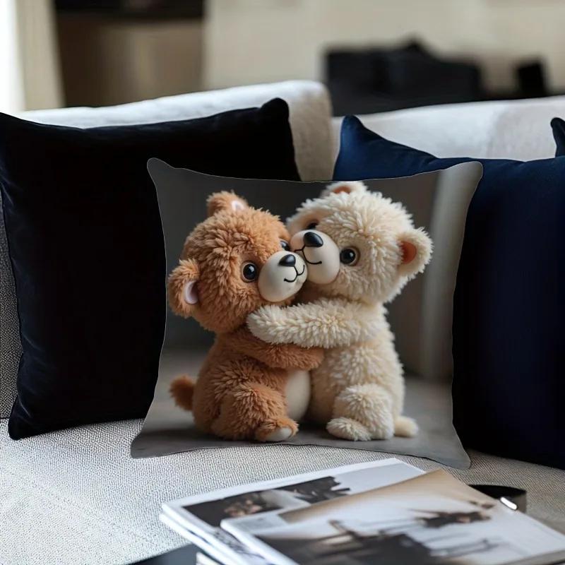 Cuddle-Tastic Teddy Bears Printed Pillowcase for a Warm and Adorable Bedtime Sofa Cushion Cover, Home Decoration, 2D printing1PC