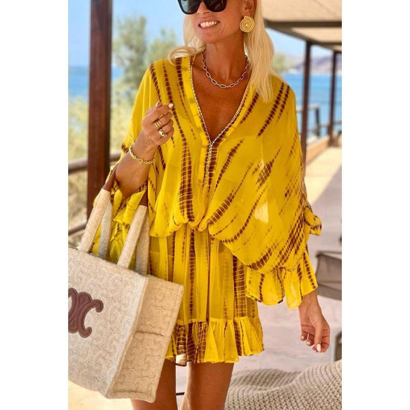 

European and American 2025 Summer V-neck With Drill Print Bat Sleeve Loose Dress Women Travel Seaside Skirt DRESS Image color XL