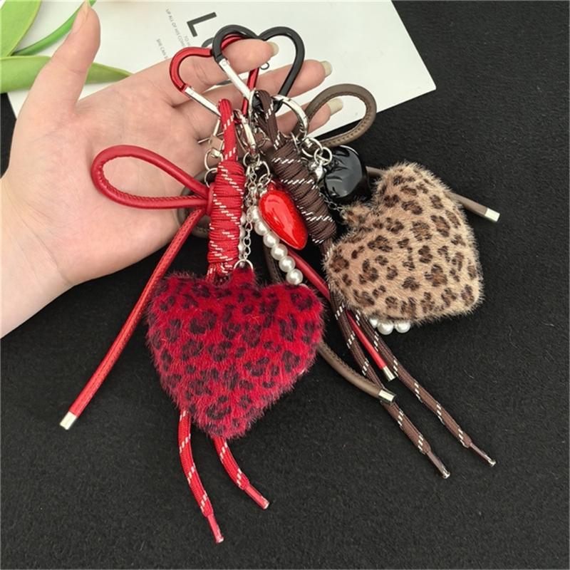 Stylish Leopard Print Plush Keychain Adorned With Artificial Leather Heart Bag Charm for Women Fashion Accessories