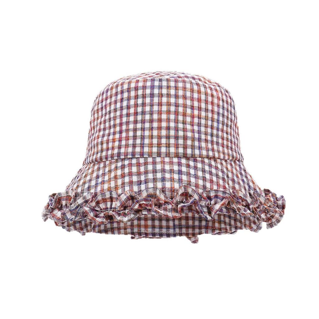 Retro plaid lace bucket hat women's spring summer travel versatile washbasin hat sunshade sunscreen hat