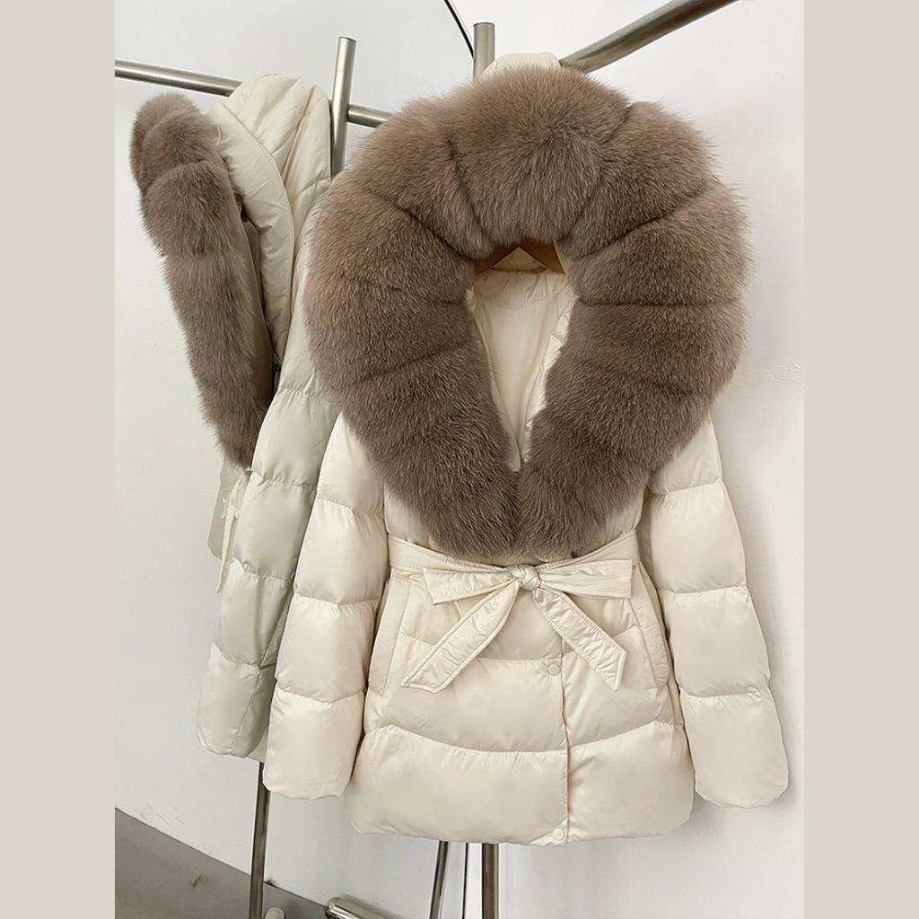 Winter Fox Big Fur Collar High-end Thickened Down Jacket Women's Mid-length Waist Imitation Leather Jacket