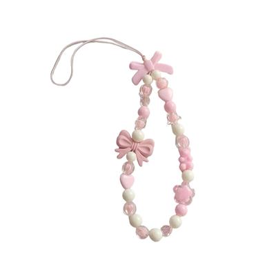 Pink Bow Beads Lanyard Anti-Lost Bracelet For Mobile Phone Case Wrist Strap Lanyard Cute Phone Keychain Portable Rope Chain