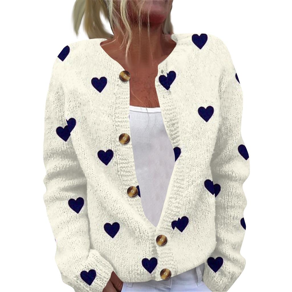 Women's Fashion Printed Valentine's Day Long Sleeved Knitted Cardigan Button Down Jacket