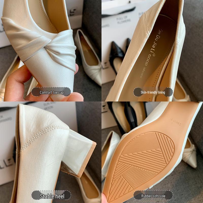 Women's French Style Chunky Heel Pointed Toe Leather Shoes, Autumn 2025 Edition