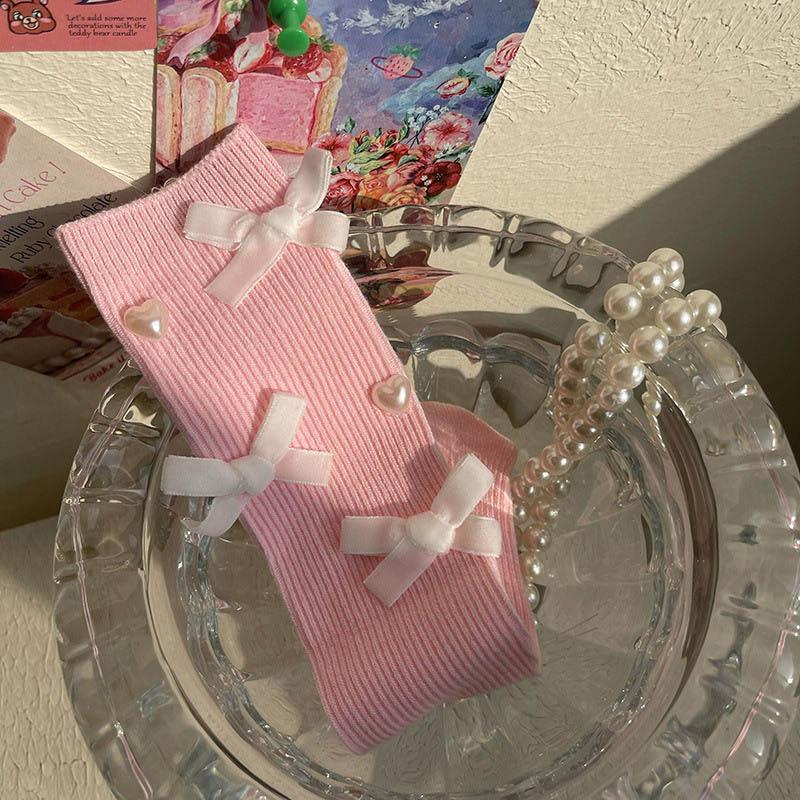 Girls Cotton Knee High Socks Spring Summer Princess Bow Pearl Decor Solid Long Stockings For Kids Age 1-13 Years