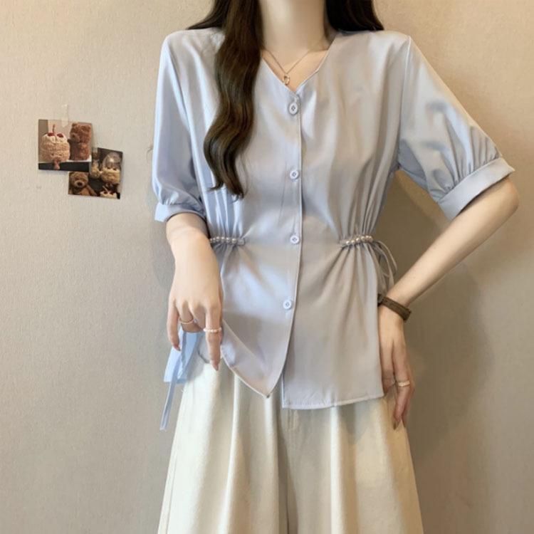 YYFS Dámská móda Ležérní Léto Jaro Jednobarevný potisk Halenky a košile s krátkým rukávem a výstřihem do V