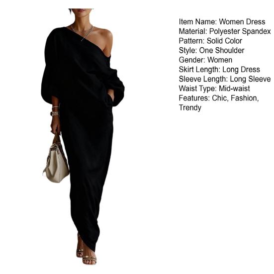 Women's Summer Dress One Shoulder Long Sleeve Cocktail Party Dress Casual Bodycon Ruched Wrap Split Maxi Dress with Pockets