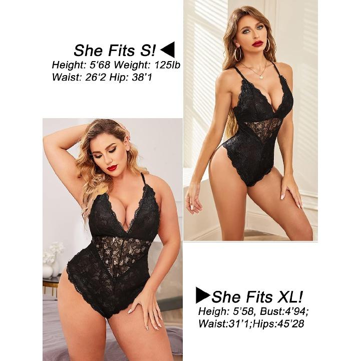 Avidlove Women Snap Crotch Lingerie Sexy Lace Bodysuit Deep V Teddy One Piece Lace Babydoll