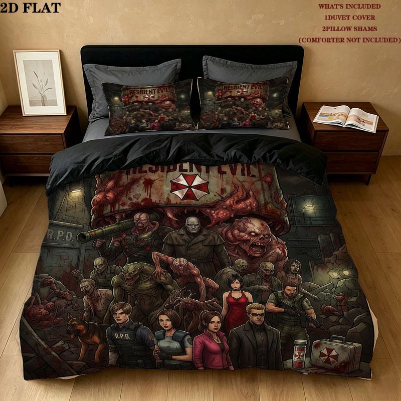 Resident Evil Pattern Bedding Quilt Set Quilt Cover Pillowcase Home Birthday Gift(1 * duvet cover + 2 * pillowcase, without core)