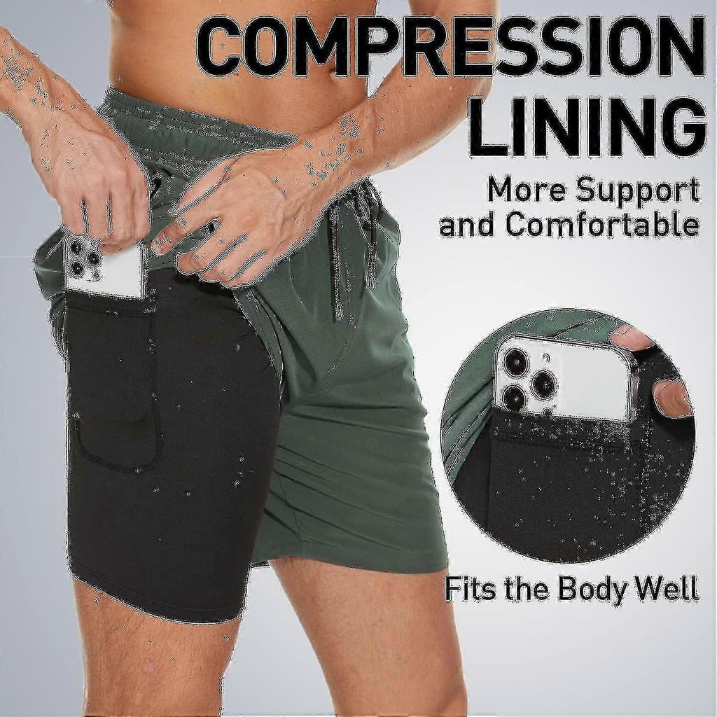Herren Badehose mit Kompressions-Innenhose 2 in 1 Schnelltrocknende Herren Badeshorts mit Boxer-Innenslip Surfen Dehnbar Strandshorts mit Reißverschlusstaschen_gg