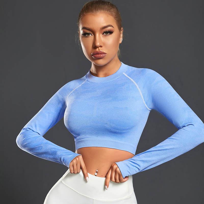 

Women s Long-Sleeve Seamless Hollow-Out Back Fitness Top - Quick-Dry Yoga Suit Medium небо синє кольору