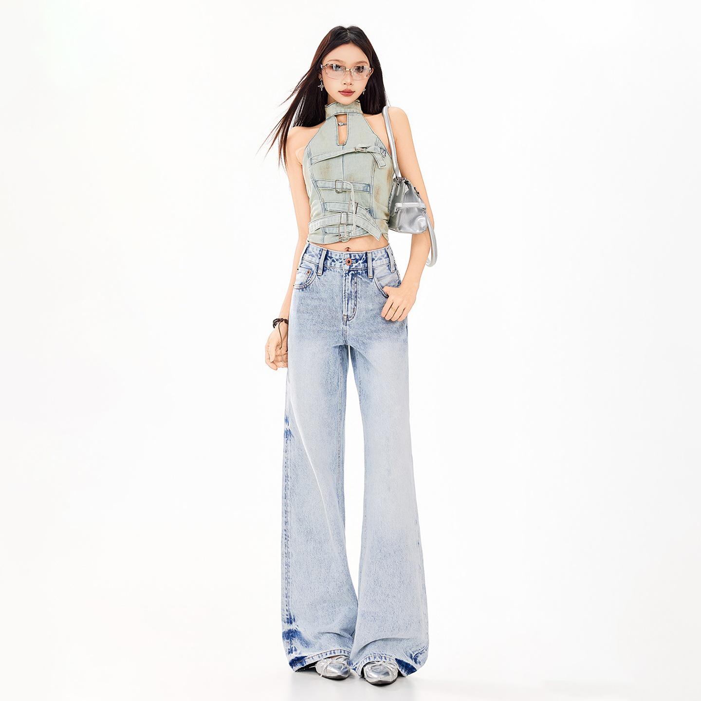 

Women s Retro Sky Blue High-Waist Jeans, 2026 Spring/Summer Collection - Loose, Slimming, Floor-Length, Straight-Leg Versatile Pants Small