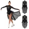 Ladies Ice Skating Dancewear Rhinestone Embellished Long Sleeve Backless Leotard with Tiered Tulle Ruffled Skirt Jumpsuit for Competition