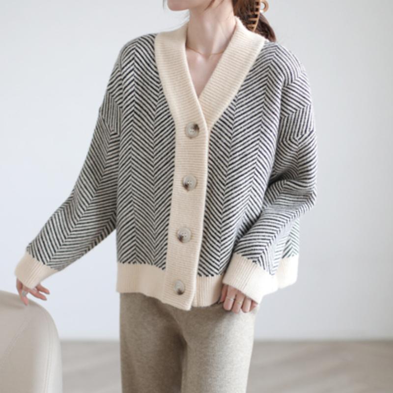 Chic Retro Knitted Cardigan Women's Sweater Striped Long Sleeve Loose Women Sweaters Jacket Outerwear Lazy Style Elegant Button Knitwear Coats 25453