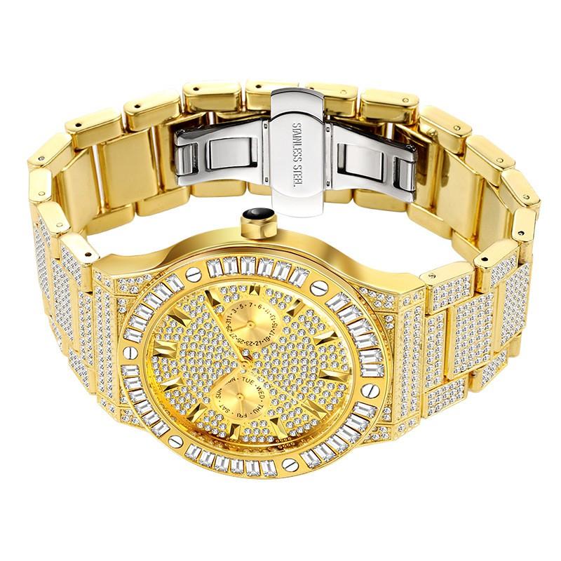 MISSFOX Mens Quartz Watch Bling Full Round Dial Waterproof 30M Classic Gold Plated Hip Hop Style