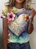 A Women'S SpringSummer Heart Print Short-Sleeve Crew Neck T-Shirt. Casual Short-Sleeve T-Shirt. Fashionable Short-Sleeve Crew Neck Top. Pullover. Wome