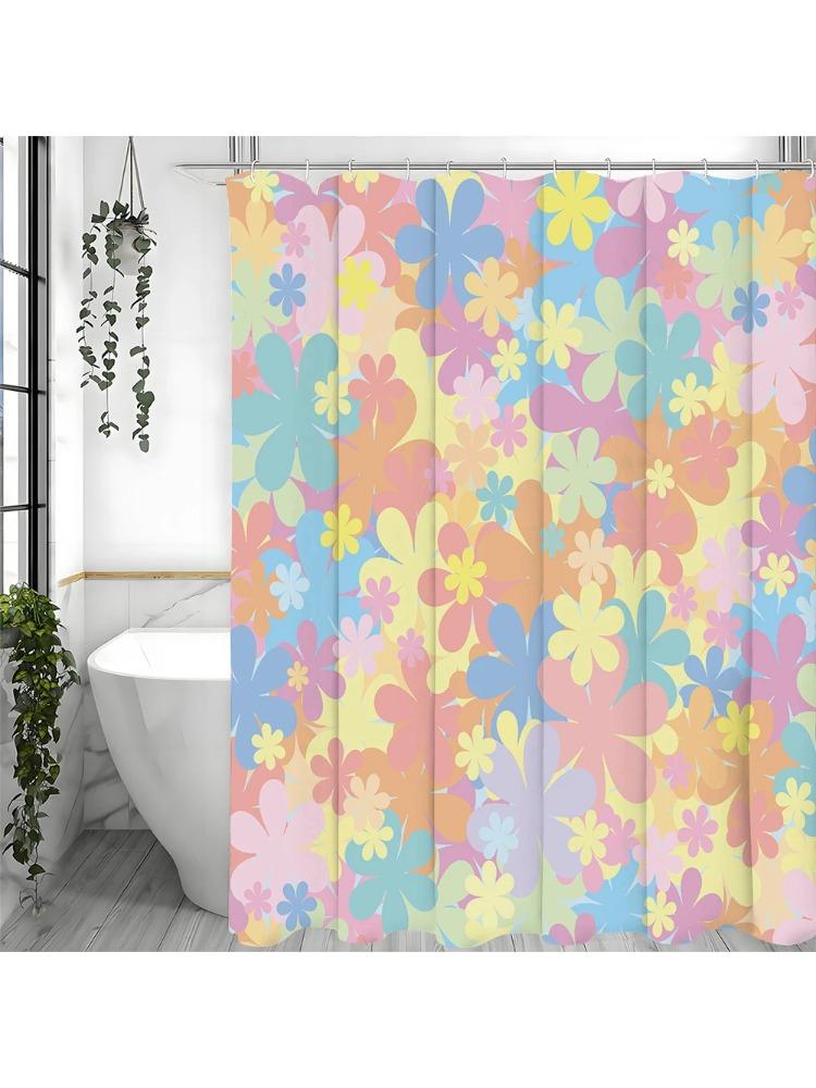Colorful Floral Pattern Shower Curtain, Bathroom Decorative Shower Curtain, Waterproof Shower Curtain with Hooks W90xH180cm