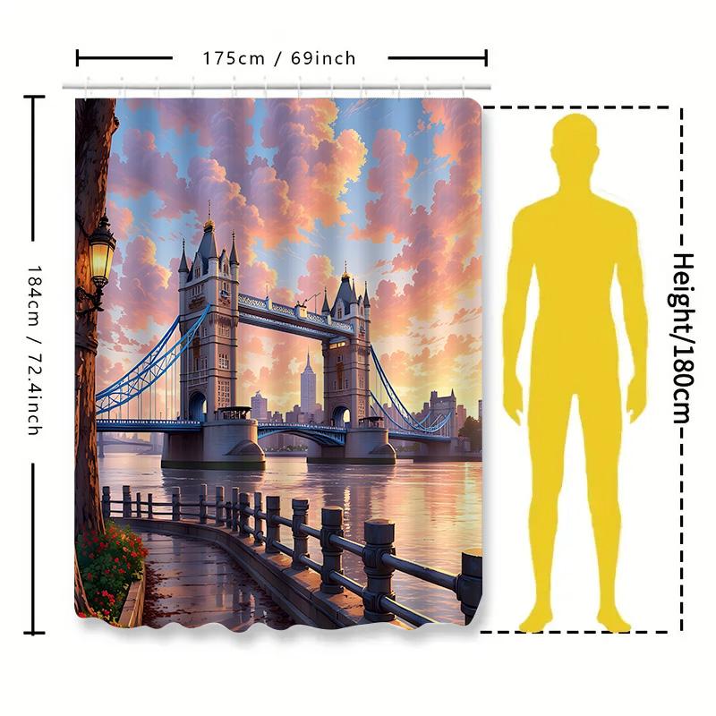 London Bridge Scenic Shower Curtain For Bathroom Decor - Vibrant Sunset View On Thames River - Waterproof And Durable Fabric