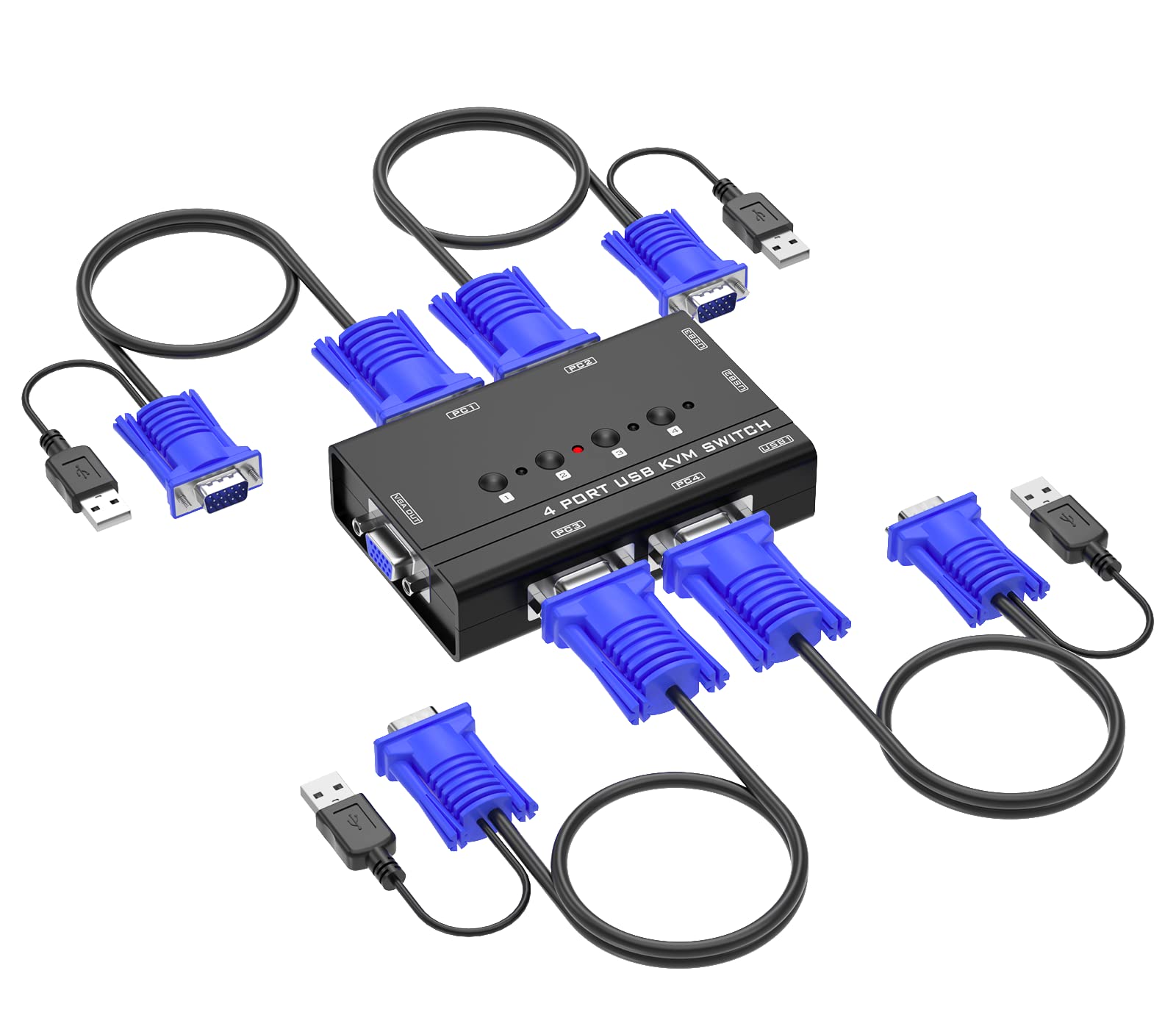 

Yinker VGA KVM USB VGA KVM-переключатель с 4 KVM-кабелями и 3 USB-портами для совместного использования 1 монитора с 4 переключателями для клавиатуры и мыши, 4-портовые хабы, компьютеры,