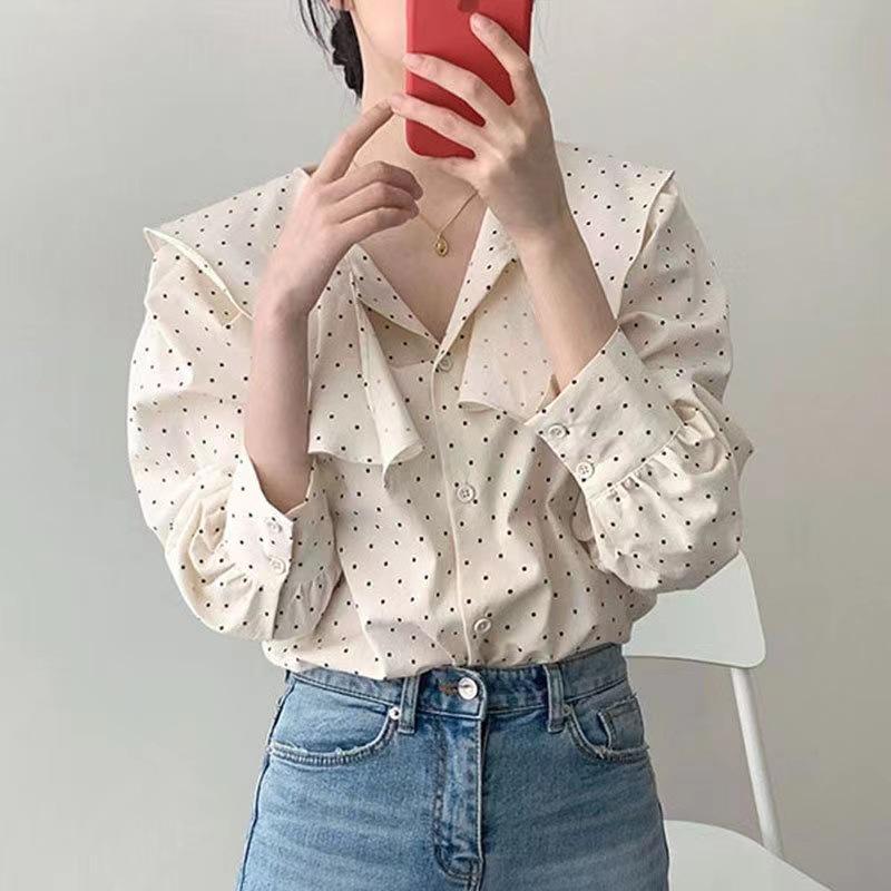 Korean Fresh Age-Defying Polka Dot Peter Pan Collar Puff Sleeve Loose Top - 2025 Spring/Autumn Collection