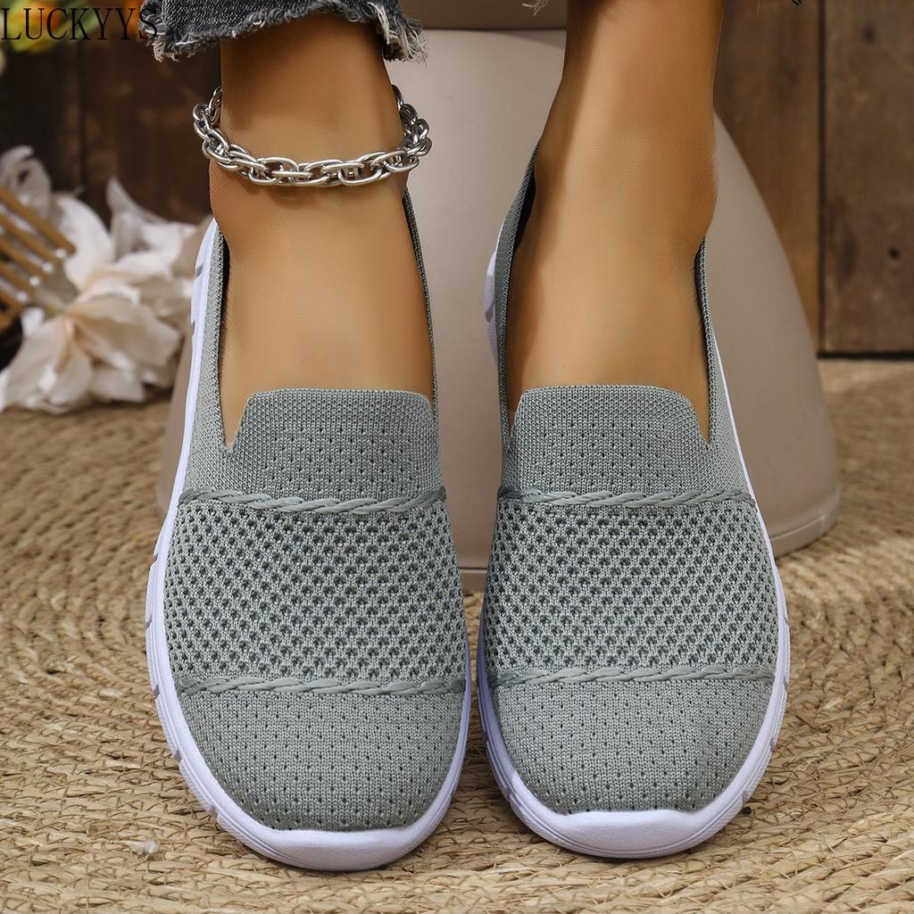 Fashion Solid Color Square Toe Mesh Loafers Shallow Women Flats Shoes Soft Bottom Knit Ballet Flats Shoes Casual Slip On Boat Shoes 43