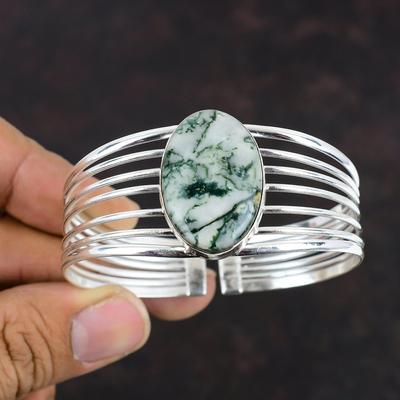 Tree Agate Bangle 925 Sterling Silver Cuff Bracelet Gemstone Bangle Antique Jewelry Adjustable Handmade Bangle Silver Jewelry Gifts For Wife