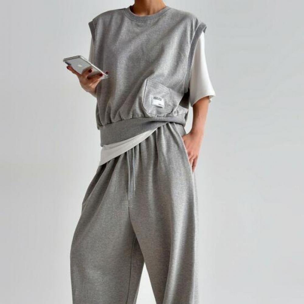 New Arrivals Open Run Sleeveless Vest Round Neck Cotton Wide Pants Set