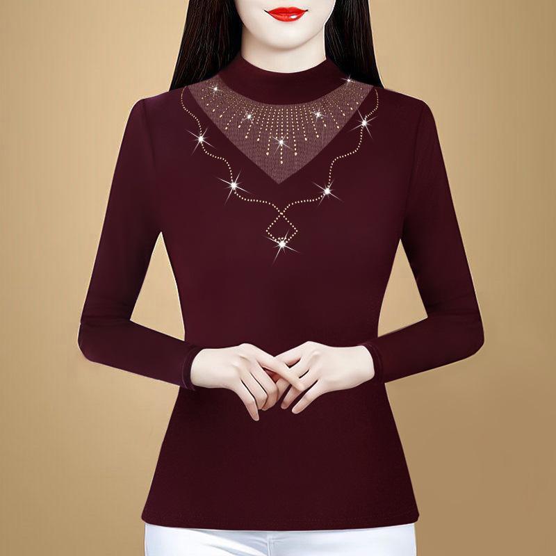 Nuevos Tops Jersey de Primavera Modernos y Elegantes Camiseta Base para Madres de Mediana Edad para Mujer con Camisa de Manga Larga de Diamantes Calientes de Alta Gama