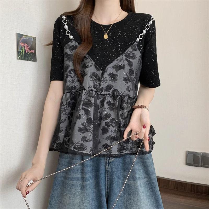 Summer French and Western Style Fake Two Short Sleeved T-shirts for Women's Unique Tops