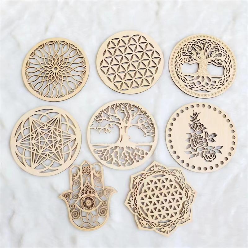 5pcs/lot 15cm Tree of Life Chakra Flower of Life Natural Symbol Wood Carved Coaster Home Kitchen Decor Creative Pattern Coaster