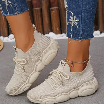 Large Size Spring and Autumn New Lace-up Casual Sports Shoes Mesh Thick-soled Casual Versatile Flying Woven Breathable Running Shoes