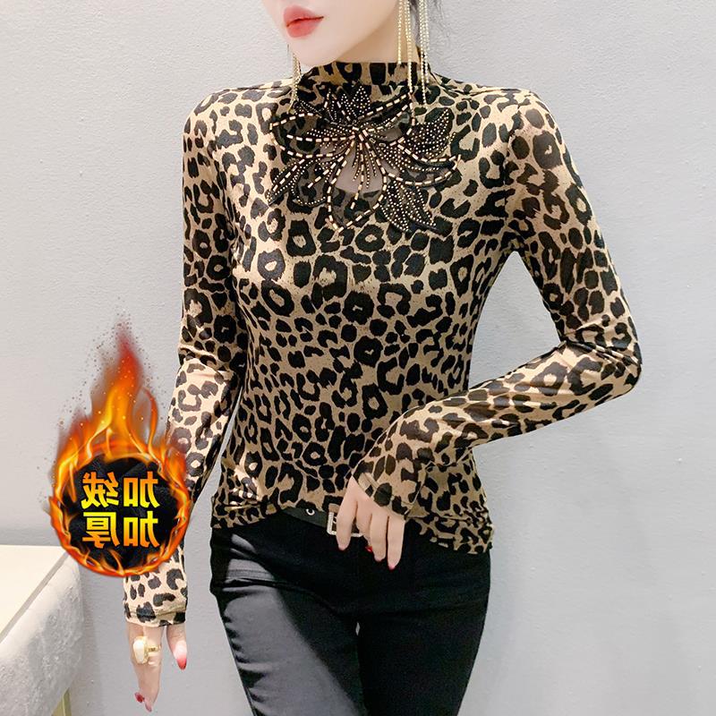 2024 European High-Neck Long-Sleeve Leopard Print Mesh T-Shirt with Hand-Beading - Women's Slim-Fit Trend