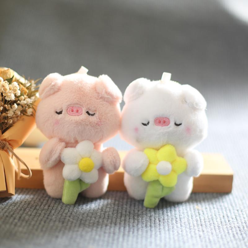 Fluffy Pig Plush Keychain Soft Animal Backpack Decoration Cute White Pink