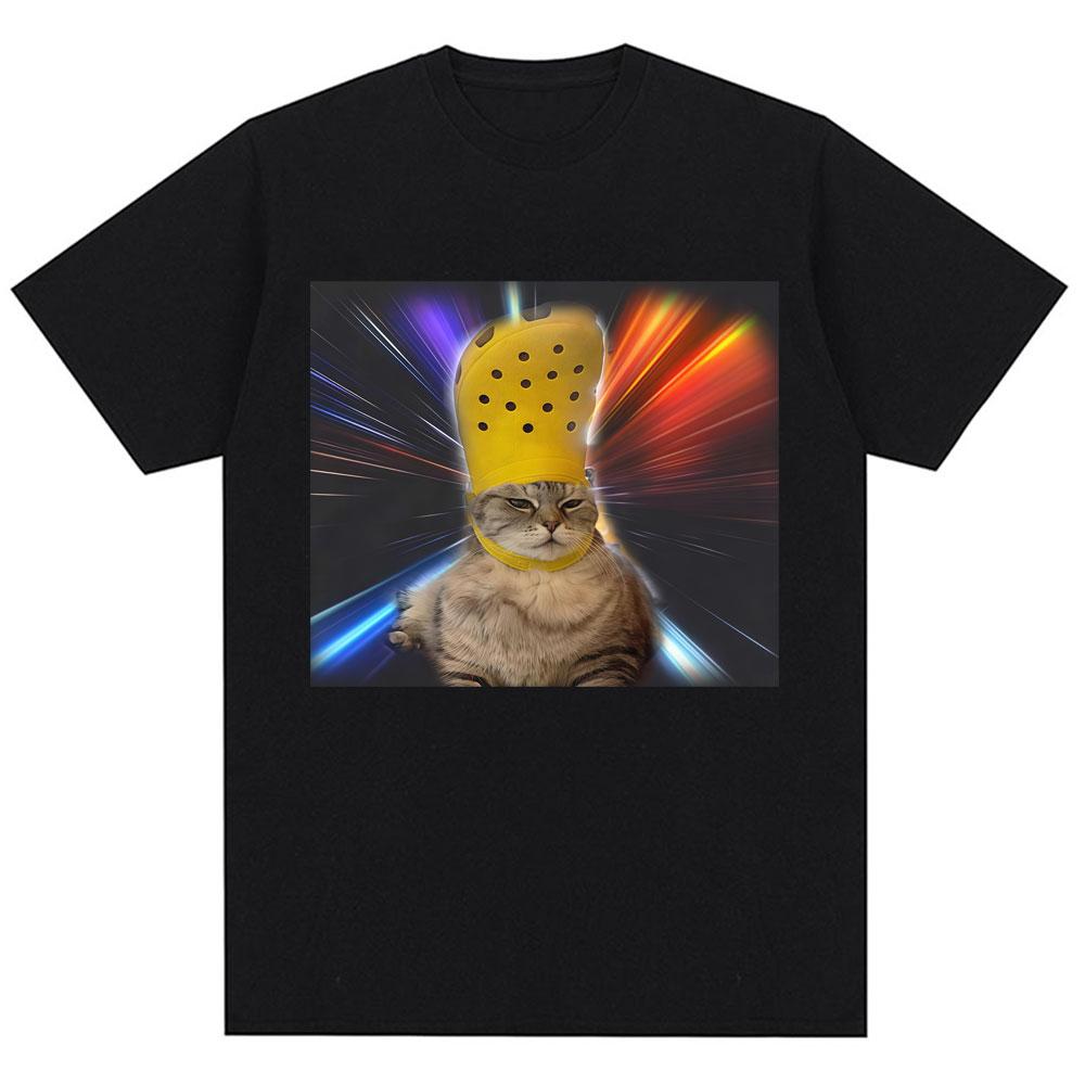 Funny Cat with Croc on Its Head Meme T Shirt Men Women Humor Popular Joke T-shirts Personality Oversized Cozy Cotton O-Neck Tees