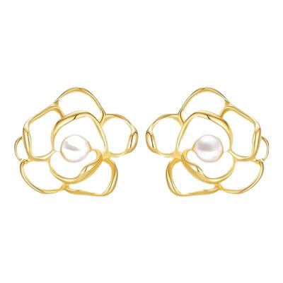 Chow Tai Seng Camellia Pearl Stud Earrings
