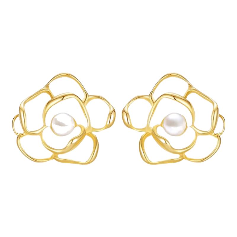 Chow Tai Seng Camellia Pearl Stud Earrings