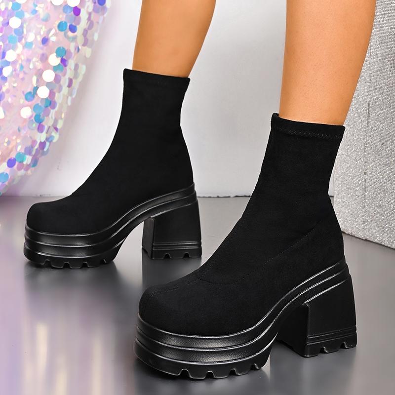 Women's Slip On Chunky Platform Boots Gothic Punk Style High Heel Sock Ankle Boots Woman Autumn Winter Streetwear Fashion Shoes