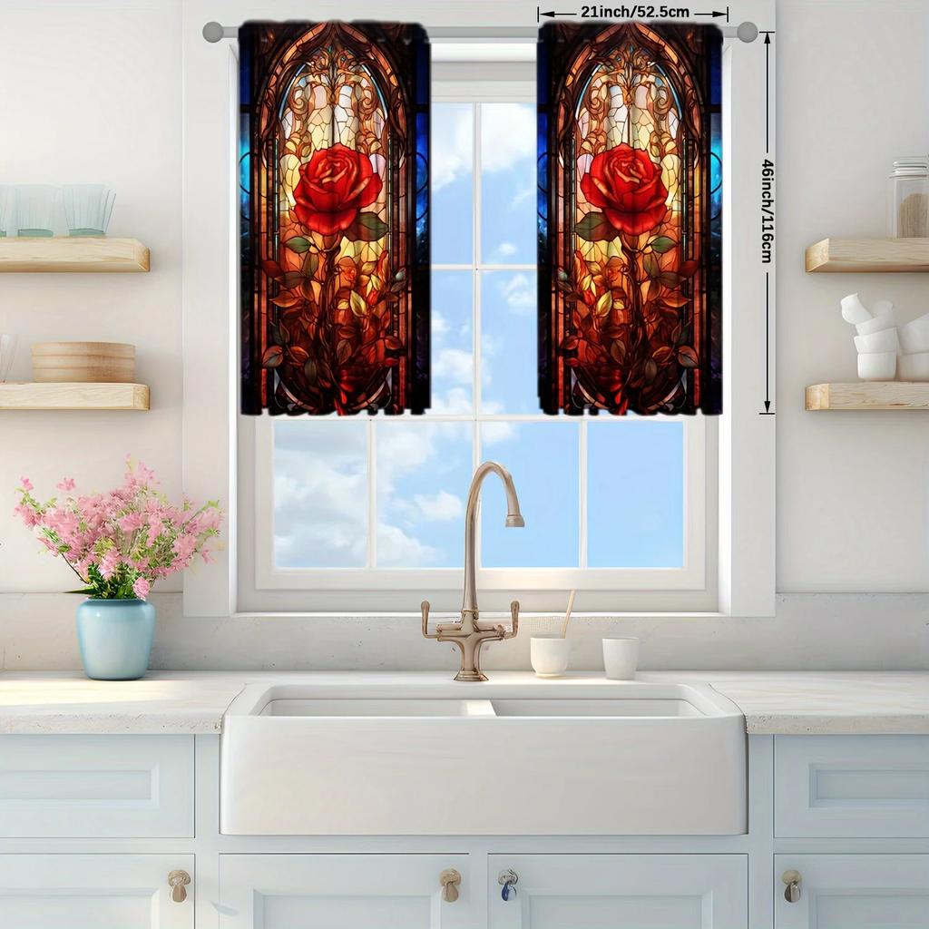 2pcs 3D Stained Glass Rose Landscape Curtain - Add a Touch of Romantic to Your Home Decor