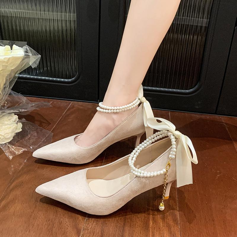 Beaded One Strap Block Heel Single Shoes Autumn New Pointed Toe Shallow Mouth Anti-slip Wear-resistant High Heels